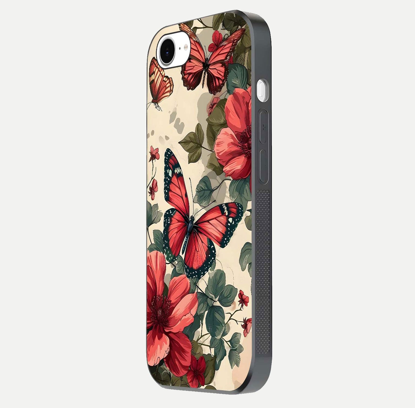 Crimson Butterfly Garden Glass Case for iPhone 16e side-angle photo capturing gloss texture and soft tone