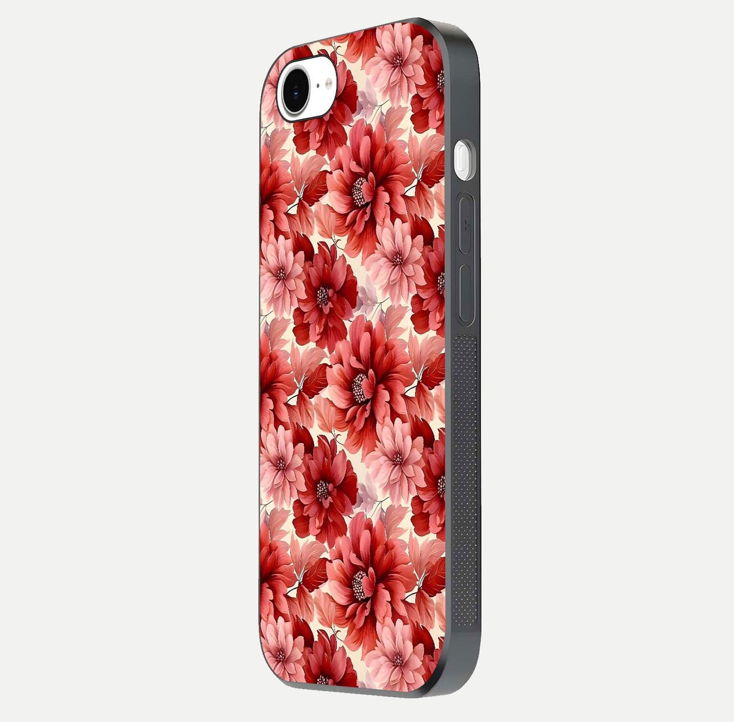 Crimson Love Petals Glass Case for iPhone 16e side-angle photo showing reflection glow and edge clarity