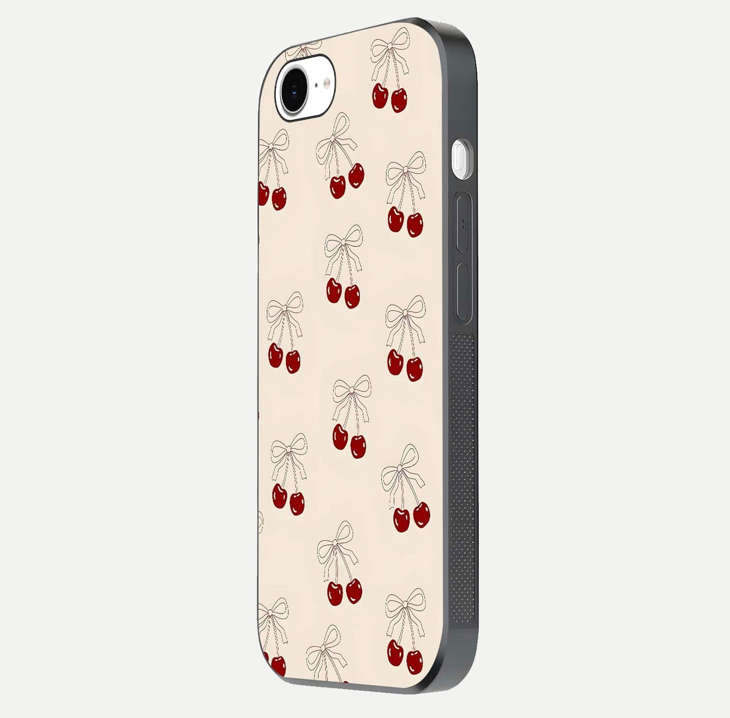 Cute Cherry Pattern Glass Case for iPhone 16e side-angle photo highlighting gloss curve and pattern clarity