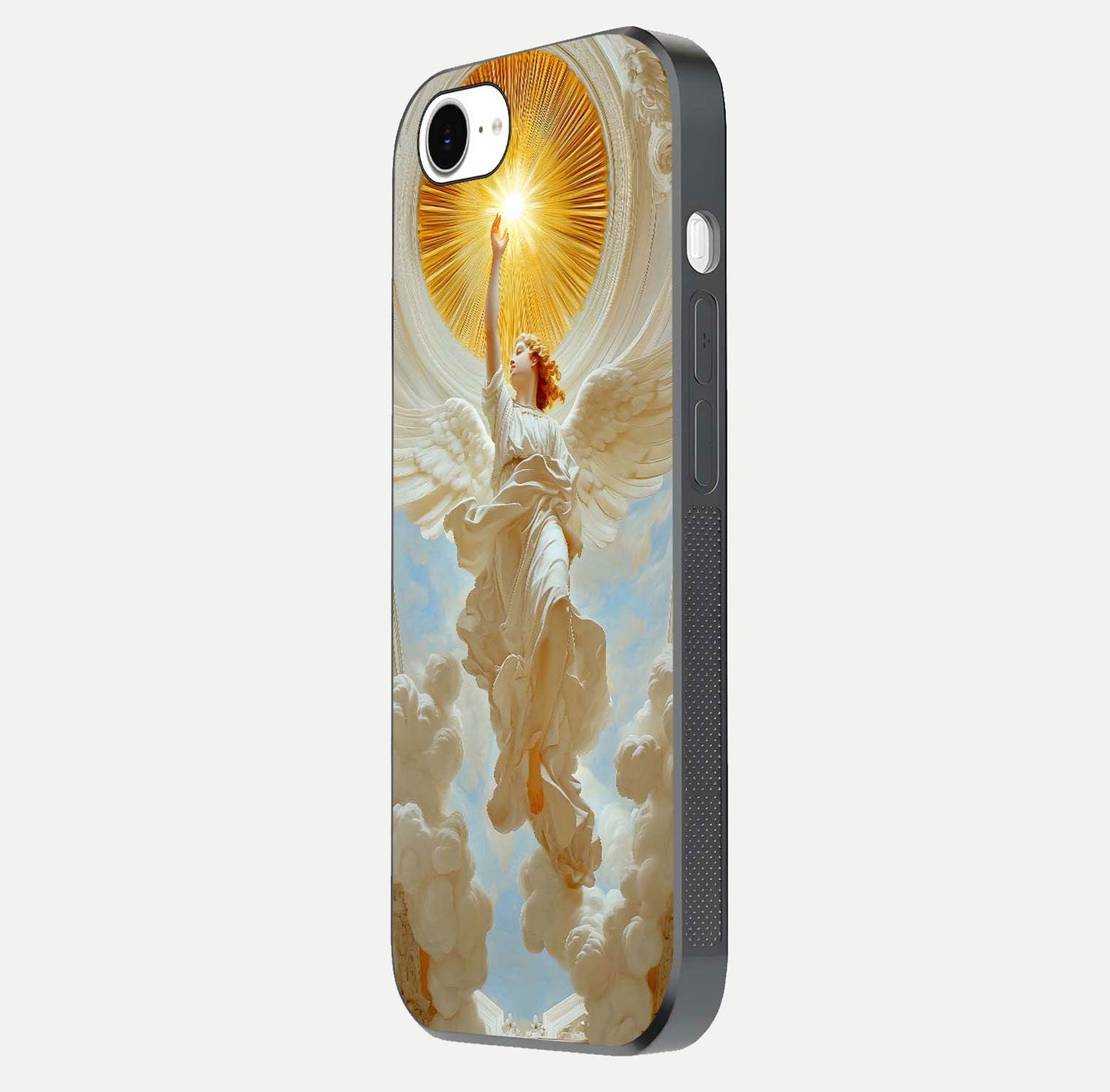 Divine Light Angel Glass Case for iPhone 16e side-angle image capturing reflection shine and edge finish