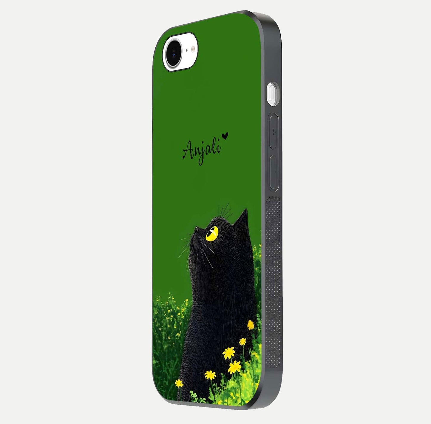 Emerald Cat Custom Name Glass Case for iPhone 16e side-angle photo showing name clarity and glass reflection