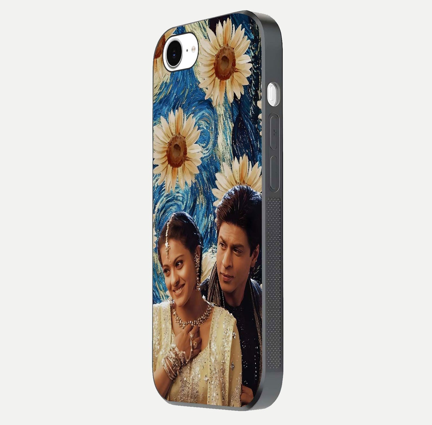 Eternal Love Story Glass Case for iPhone 16e side-angle photo showing curved edges and polished surface