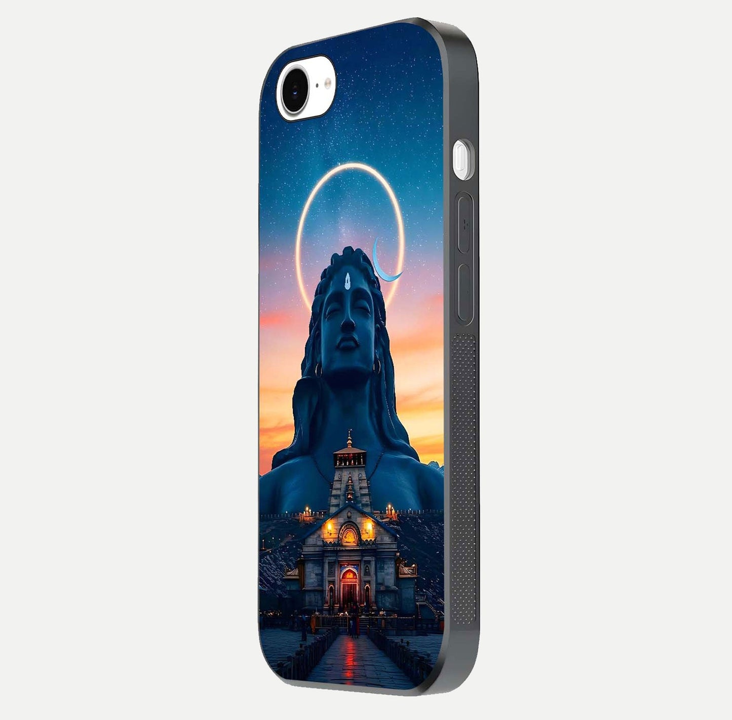 Eternal Shiva Aura Glass Case for iPhone 16e side-angle image showing reflection clarity and rich tone