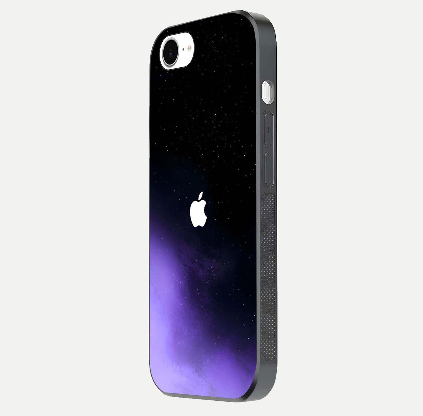 Galaxy Apple Aura Glass Case for iPhone 16e side-angle image showing glossy surface and soft reflection hues
