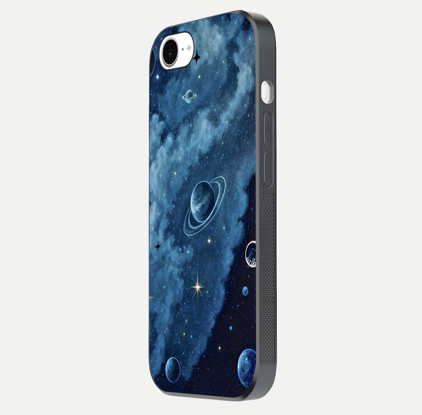Galaxy Dream Space Glass Case for iPhone 16e side-angle image capturing reflection clarity and galactic texture