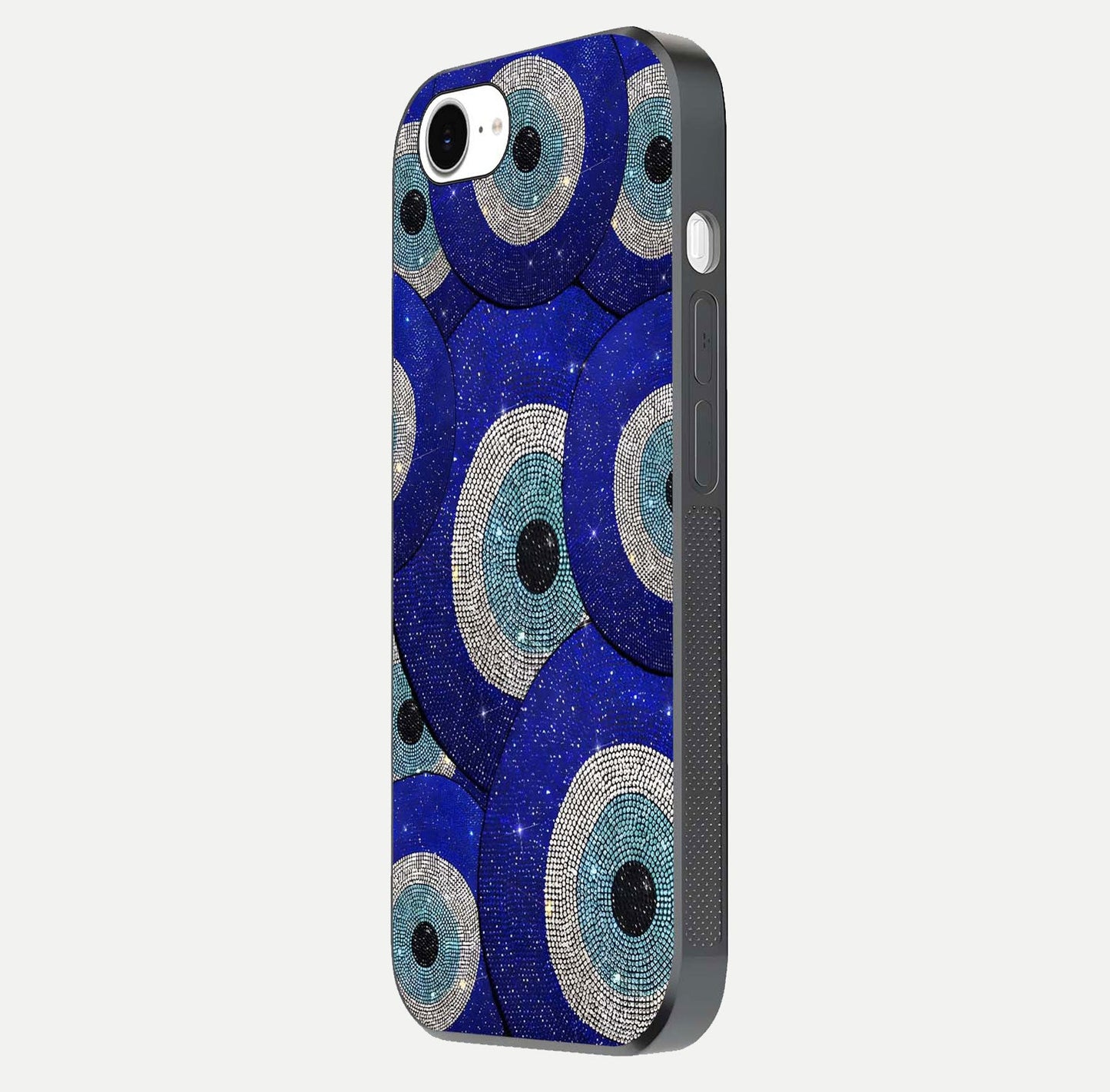 Galaxy Eye Flow Glass Case for iPhone 16e side-angle image showing reflection detail and premium shine