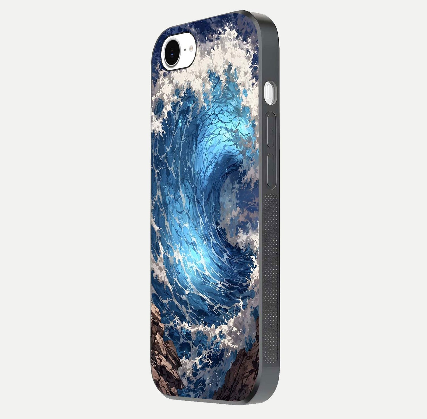 Giant Ocean Wave Glass Case for iPhone 16e side-angle image showing light reflection and ocean detail