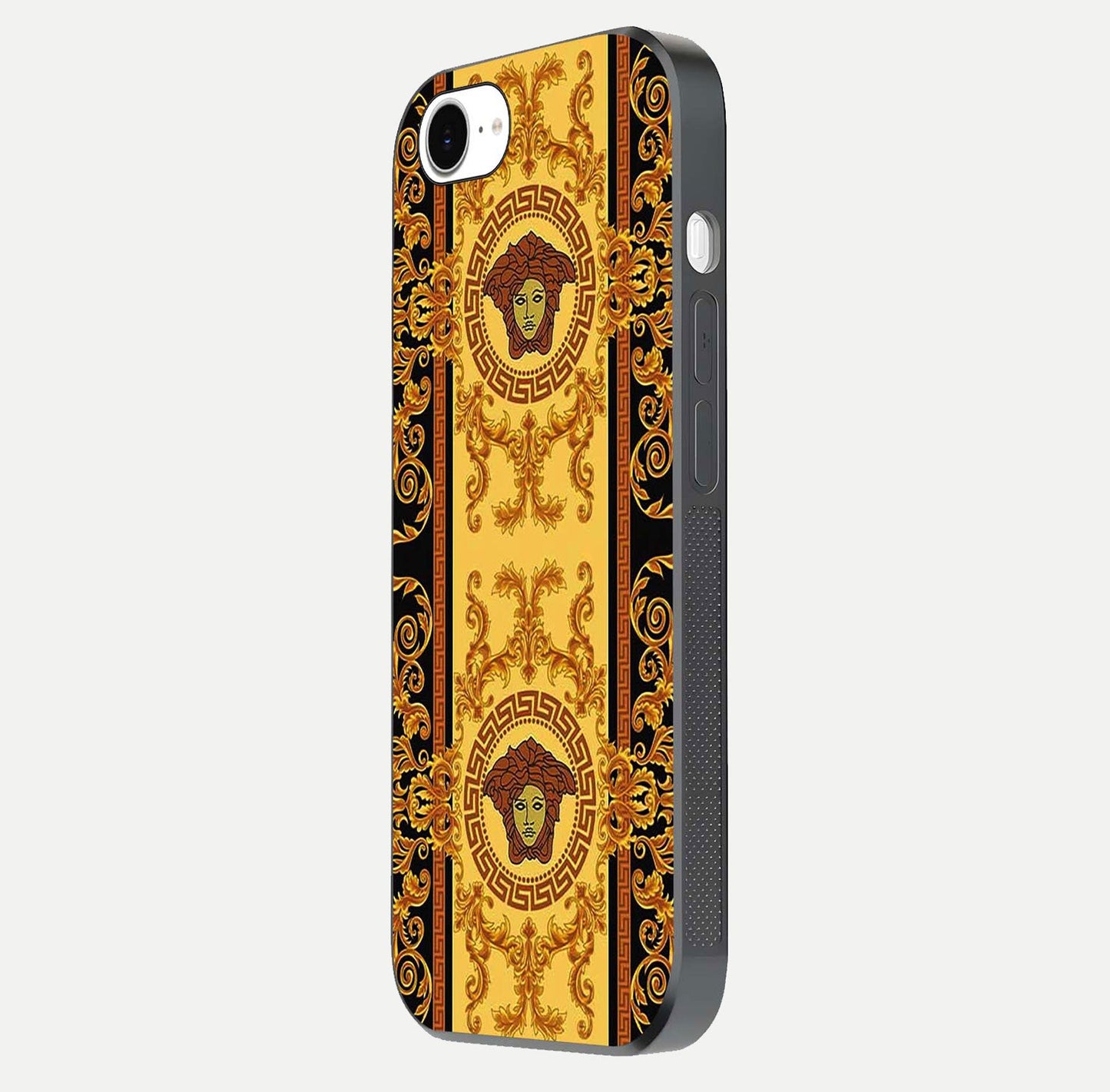 Golden Royal Heritage Glass Case for iPhone 16e side-angle image showing reflection glow and luxury detailing