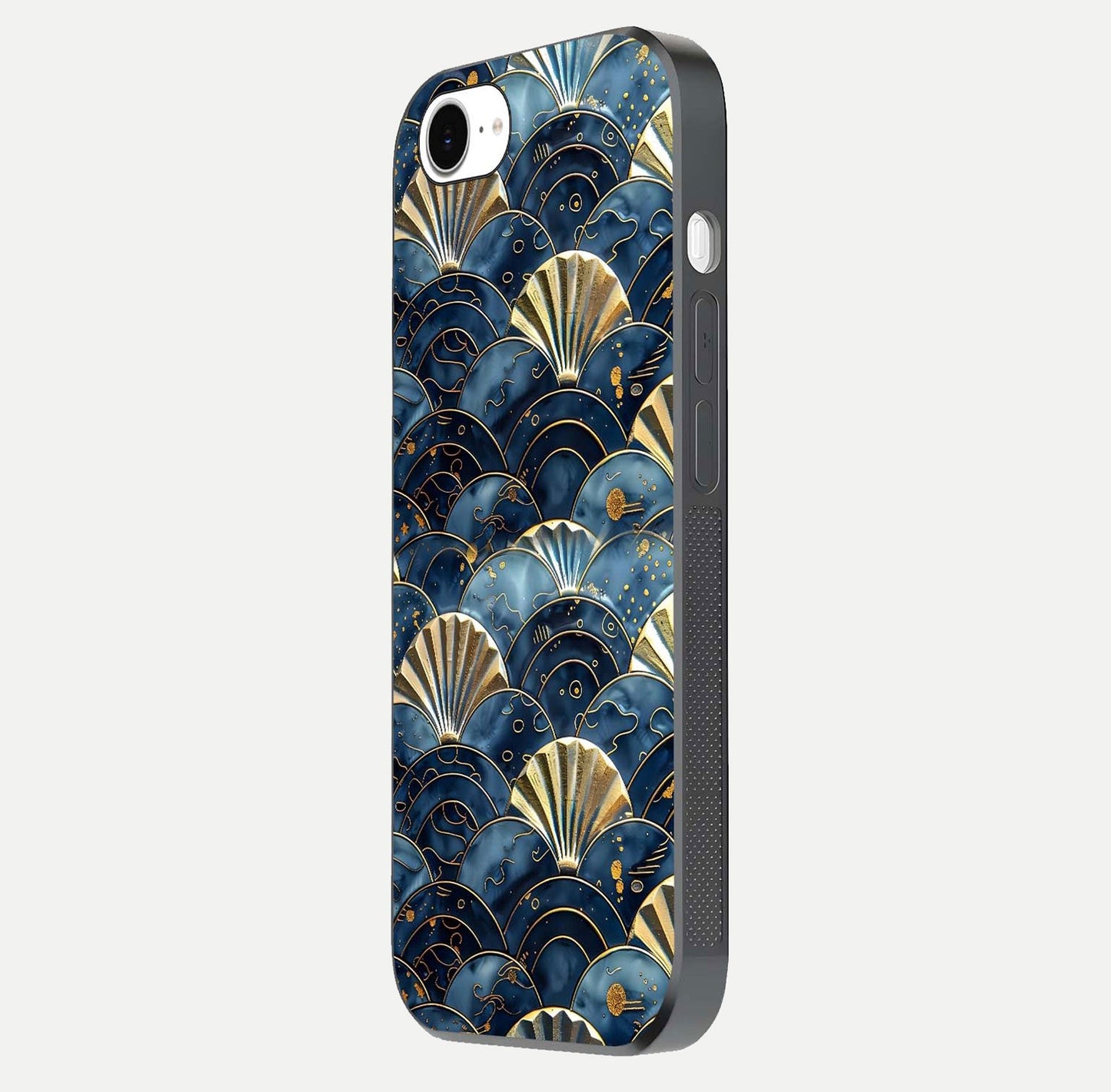 Golden Wave Luxe Glass Case for iPhone 16e side-angle image showing reflection clarity and polished finish