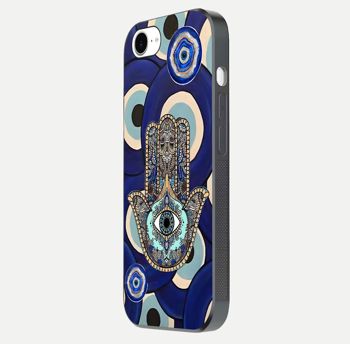 Hamsa Divine Guard Glass Case for iPhone 16e side-angle image showing reflection brilliance and protective design