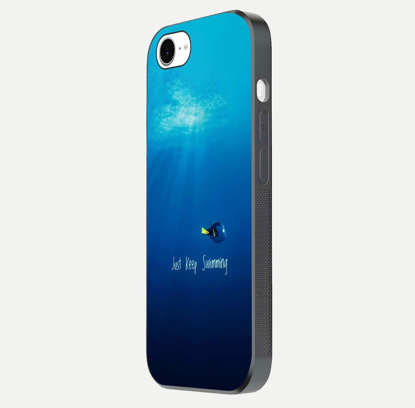 Just Keep Swimming Glass Case for iPhone 16e side-angle image highlighting reflective surface and positive quote