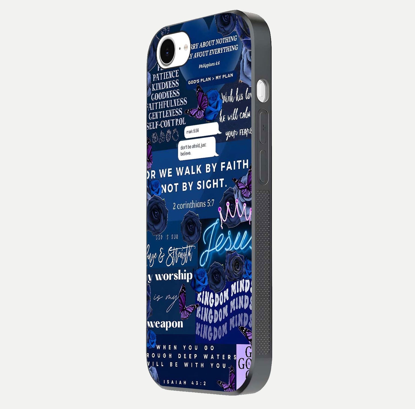 Kingdom Faith Glow Glass Case for iPhone 16e side-angle image with reflective cross and faith glow