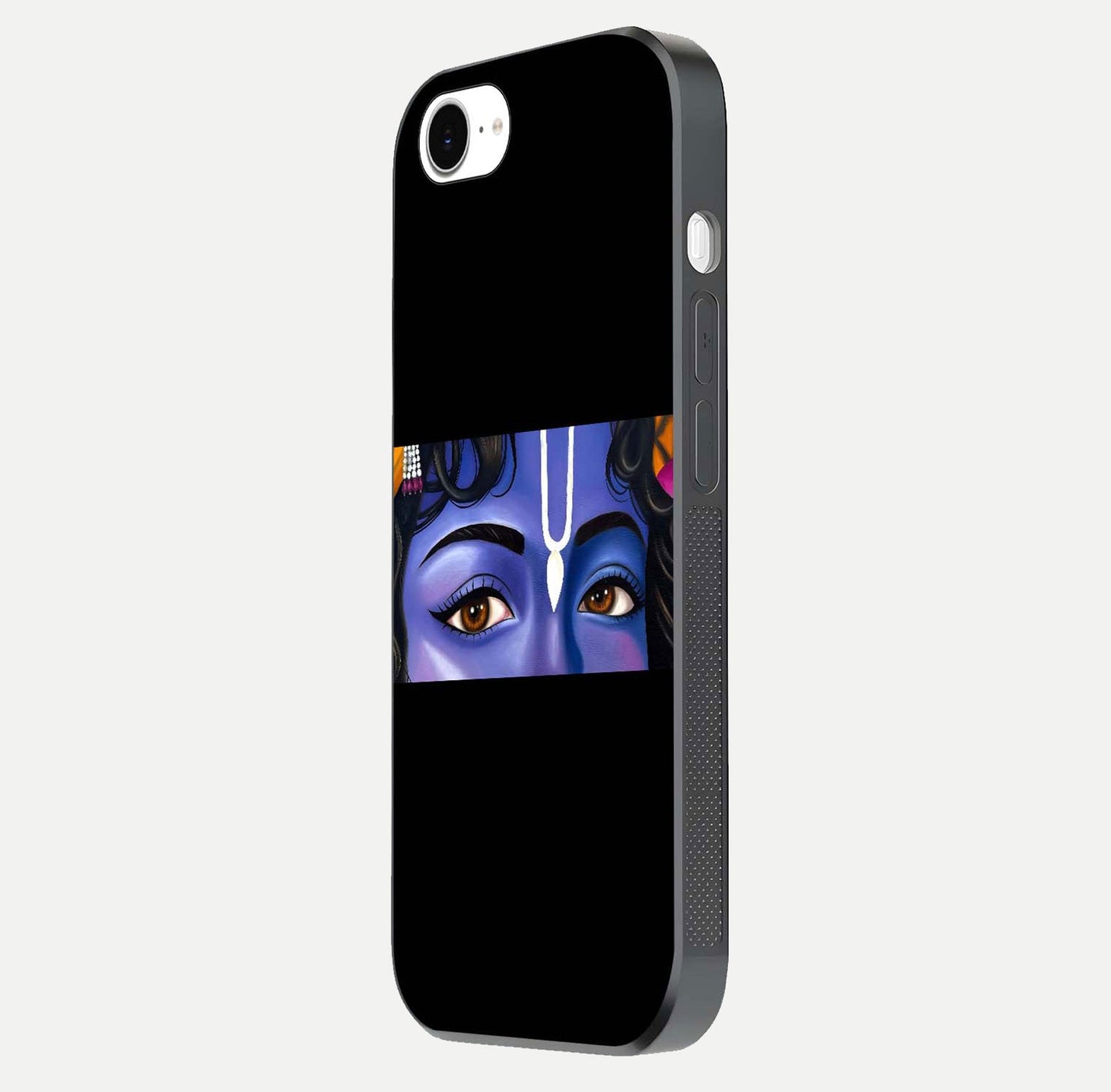 Krishna Eye Glass Case for iPhone 16e side-angle image showing reflection clarity and Krishna symbol design