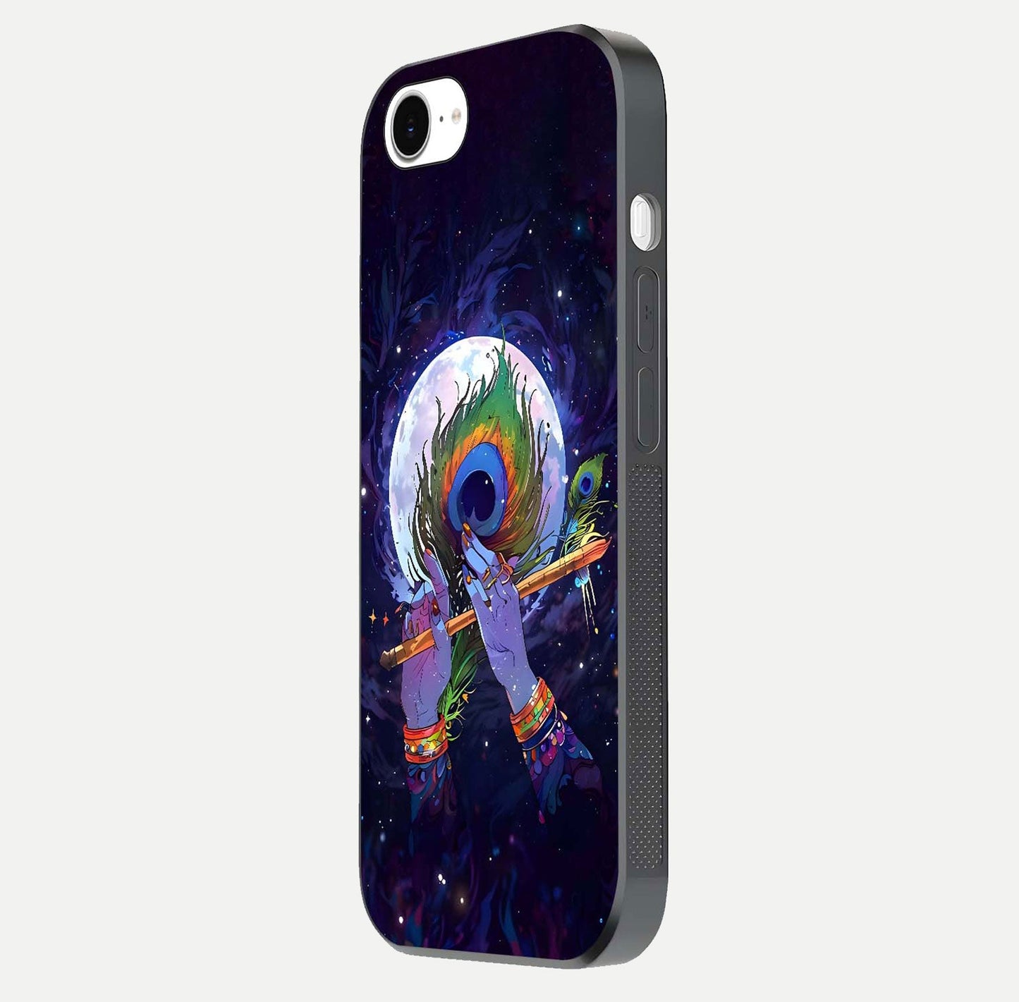 Krishna Hands Art Glass Case for iPhone 16e side-angle image highlighting reflection brightness and vivid print