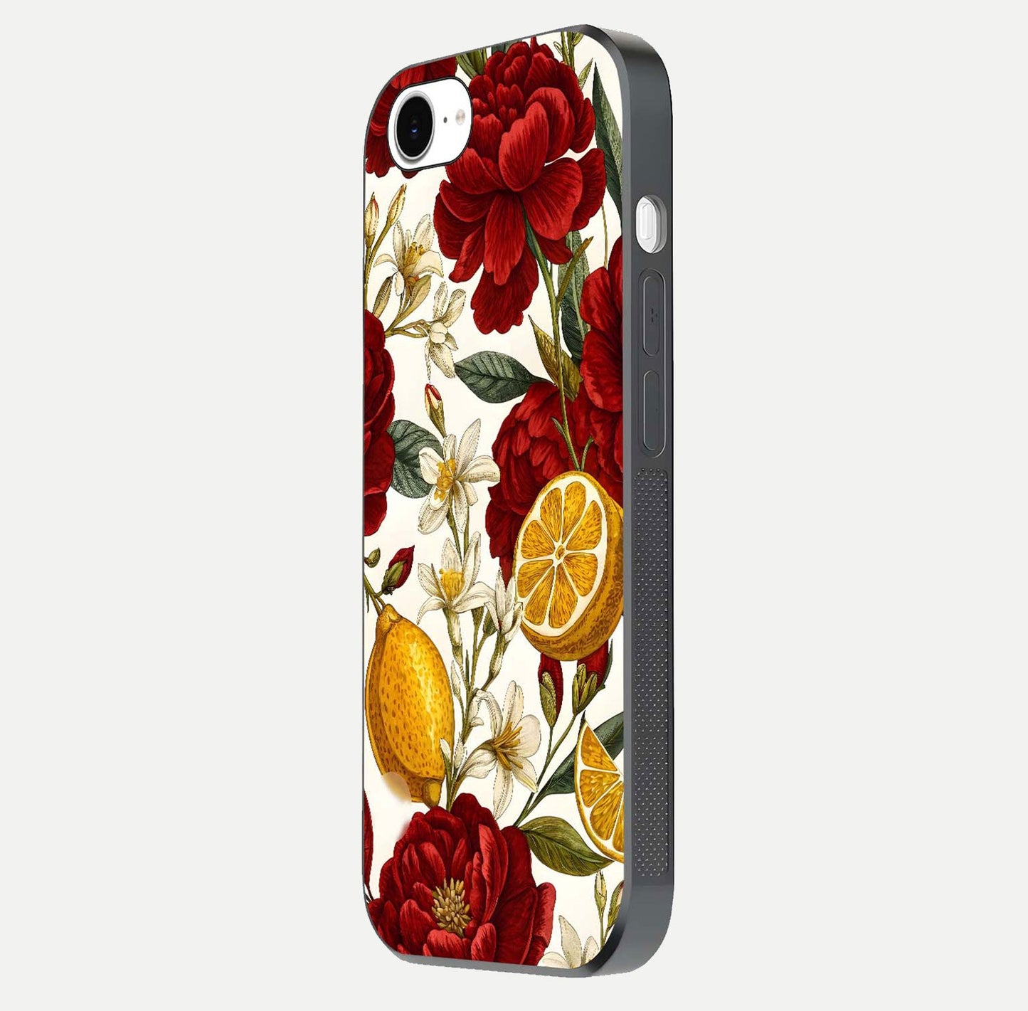 Lemon Rose Charm Glass Case for iPhone 16e side-angle image revealing reflection depth and vibrant flower art