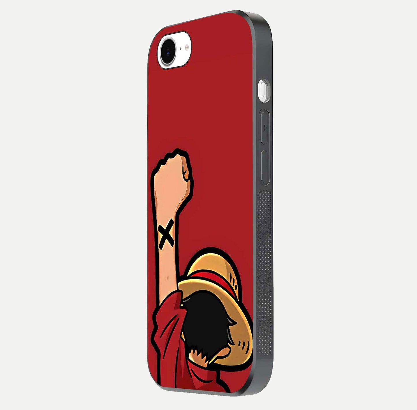 Luffy X Spirit Glass Case for iPhone 16e side-angle image highlighting reflection strength and anime print
