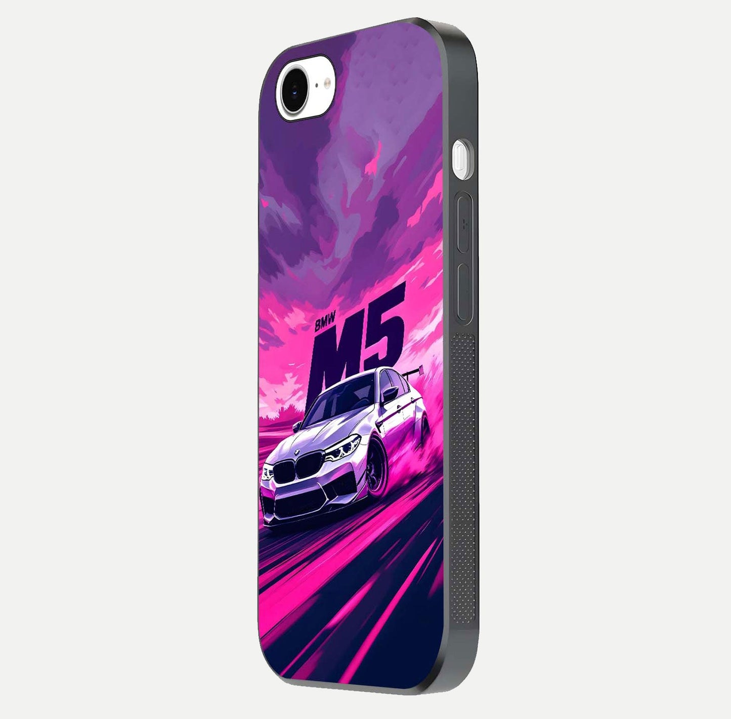 MS Neon Car Glass Case for iPhone 16e side-angle image showing glow reflection and car detailing