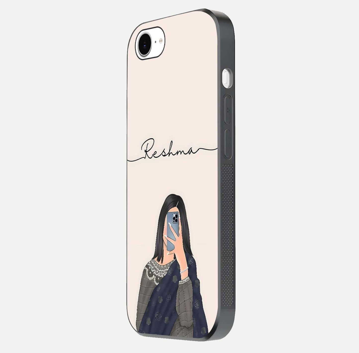 Mirror Mood Muse Custom Name Glass Case for iPhone 16e side-angle image emphasizing glossy mirror texture