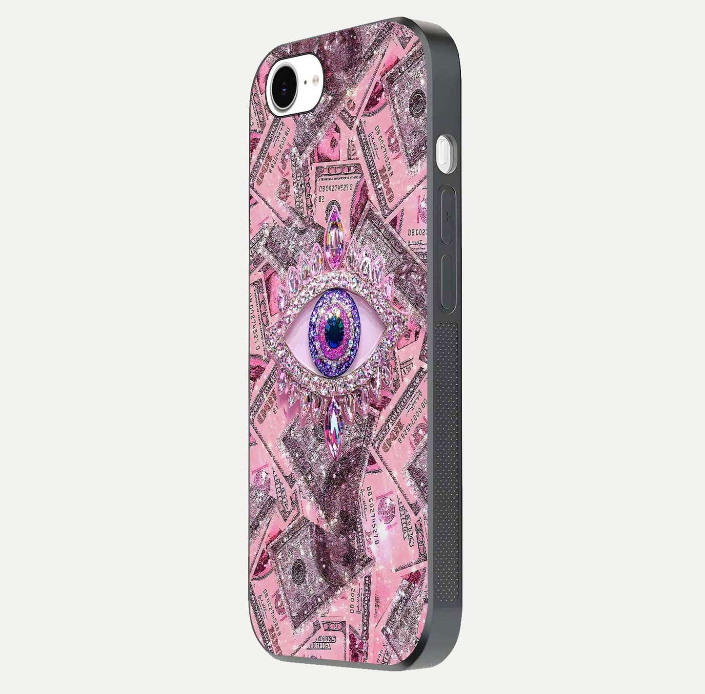 Money Eye Luxe Glass Case for iPhone 16e side-angle image showing HD reflection and luxury print clarity