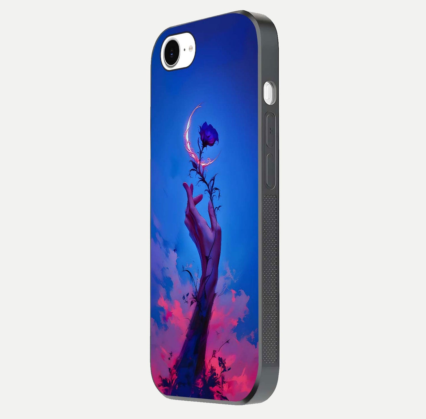 Mystic Hand Glass Case for iPhone 16e side-angle image showing reflection depth and sacred aesthetic