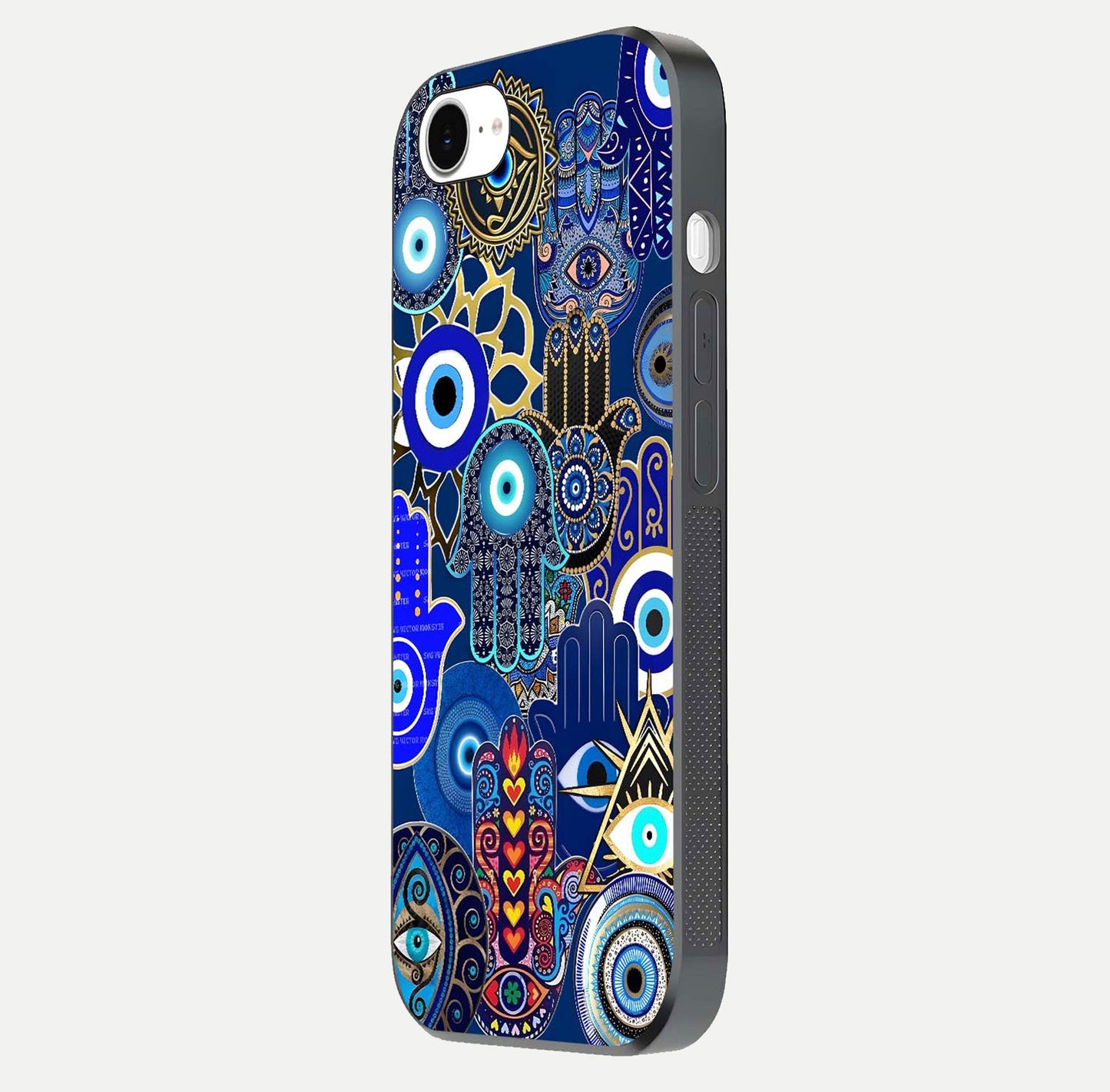 Mystic Palm Guard Glass Case for iPhone 16e side-angle image showing shine depth and sacred motif