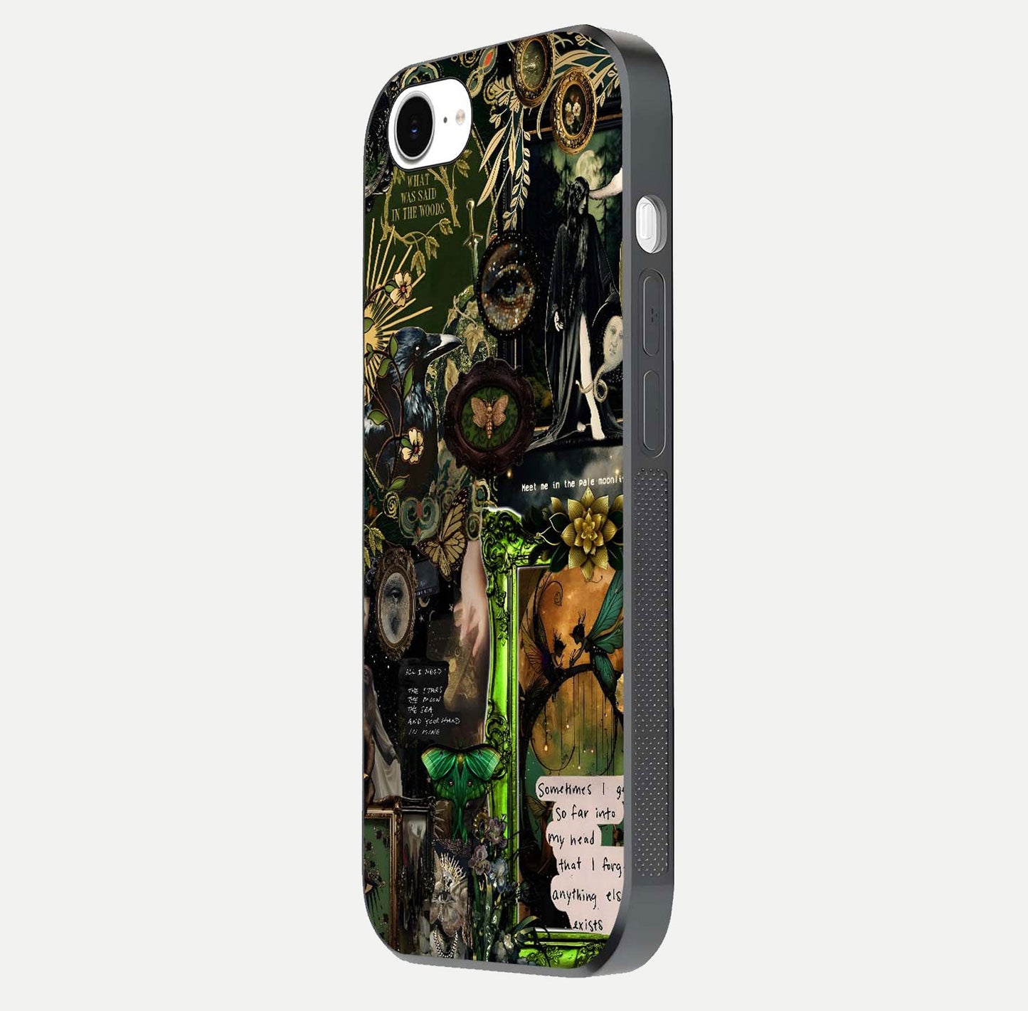 Mystic Woods Secret Glass Case for iPhone 16e side-angle image showing gloss reflection and forest pattern