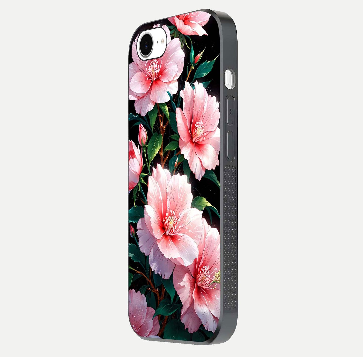 Peach Flower Glass Case for iPhone 16e side-angle image showing gloss depth and peach blossom detail