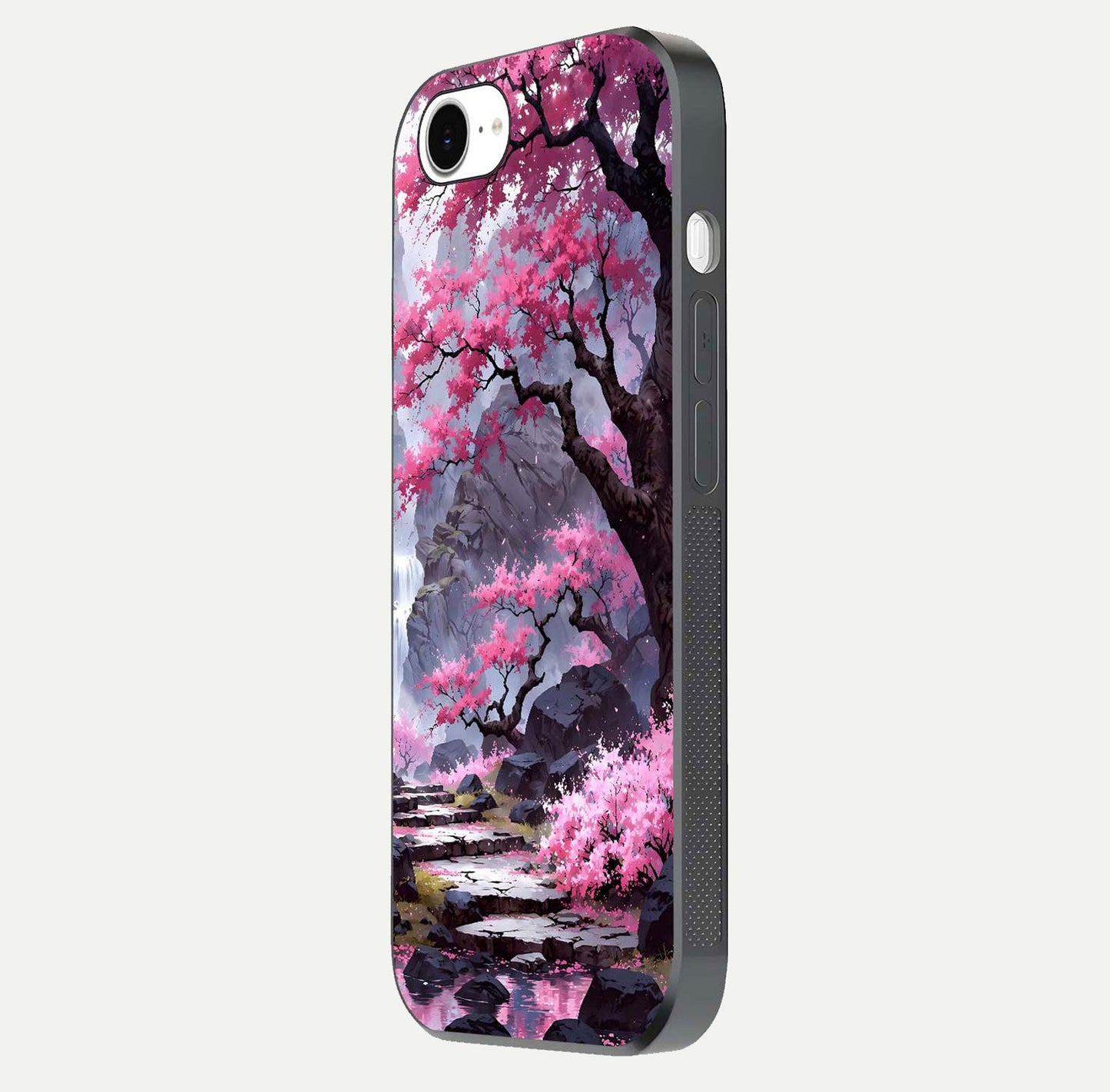 Pinkish Scenery Glass Case for iPhone 16e side-angle image showing depth, gloss, and scenic details