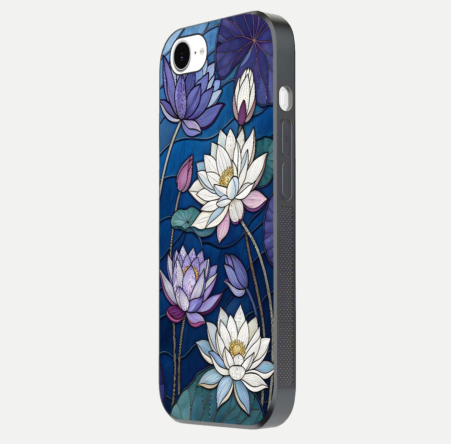 Purple Lotus Stained Glass Case for iPhone 16e side-angle image showing gloss, reflection, and intricate detailing