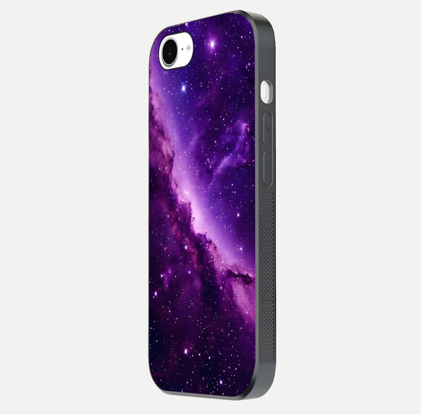Purple Shade Sky Glass Case for iPhone 16e side-angle image showing shine and soft violet blend