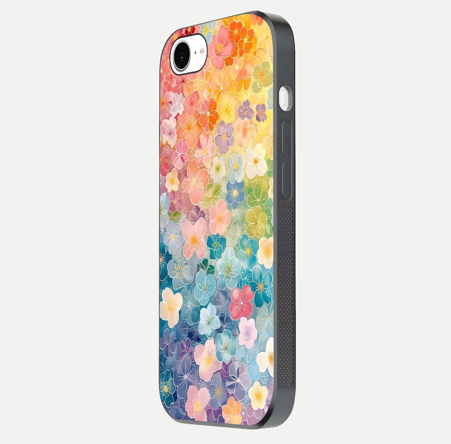 Rainbow Blossom Burst Glass Case for iPhone 16e side-angle image showing reflection and floral burst detail