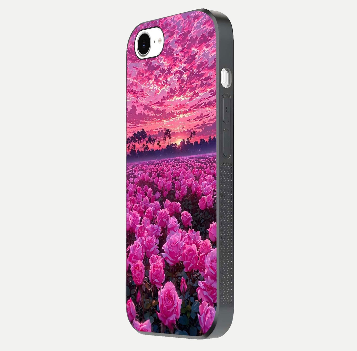 Rose Sunset Valley Glass Case for iPhone 16e side-angle image showing smooth edges and floral glow
