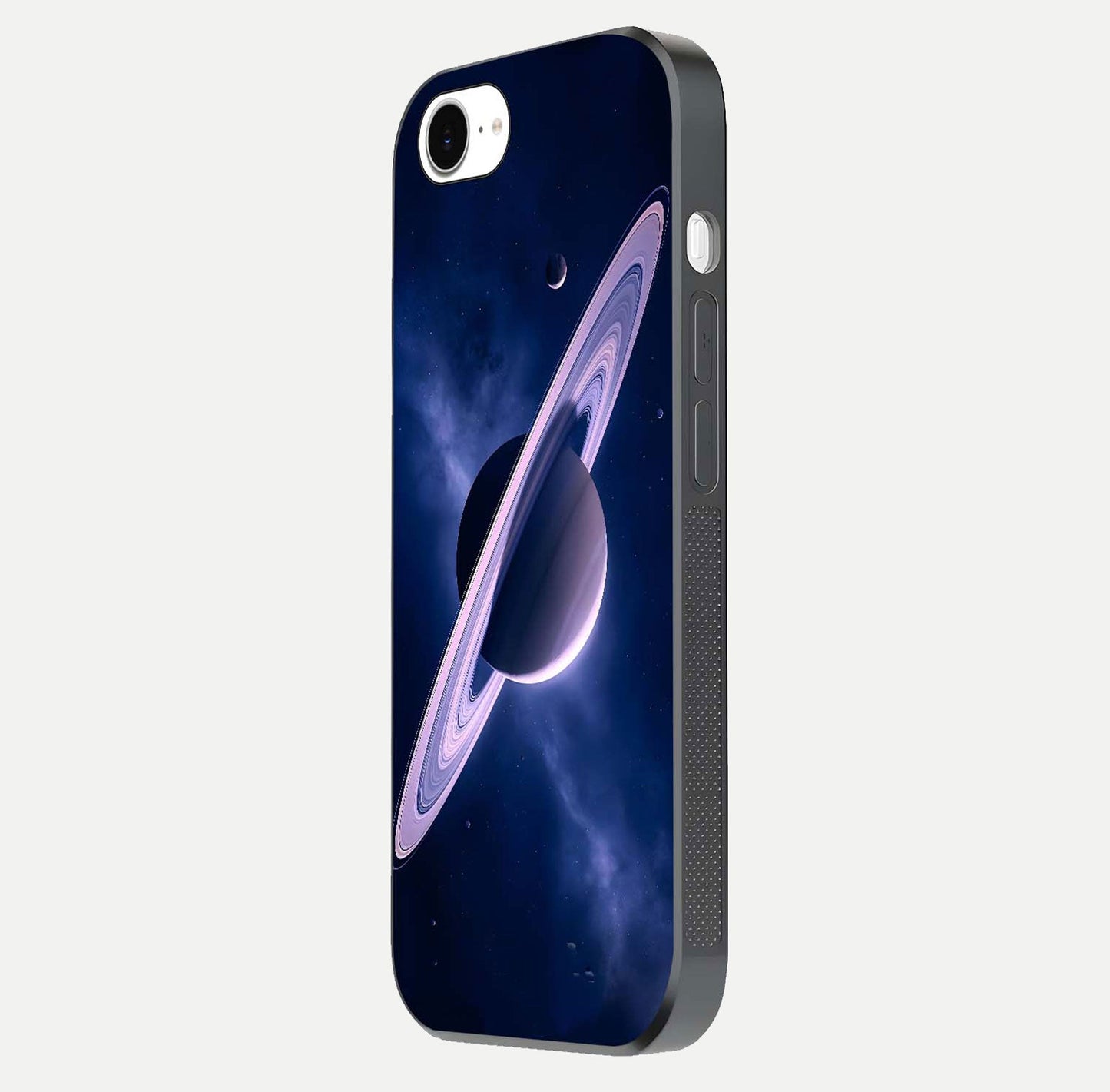 Saturn Ring Mystique Glass Case for iPhone 16e side-angle image showing shine and galaxy ring focus