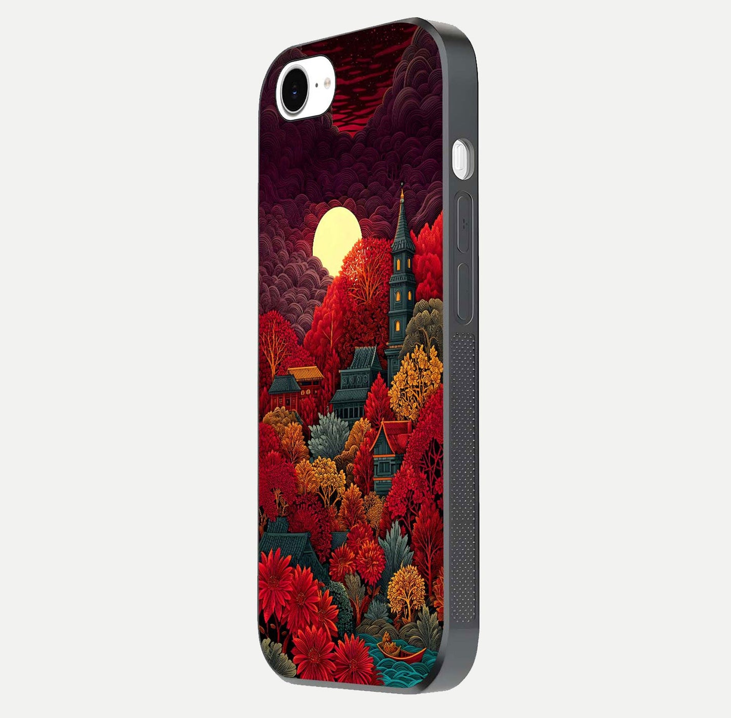 Scarlet Autumn Temple Glass Case for iPhone 16e side-angle image showing color depth and reflection clarity