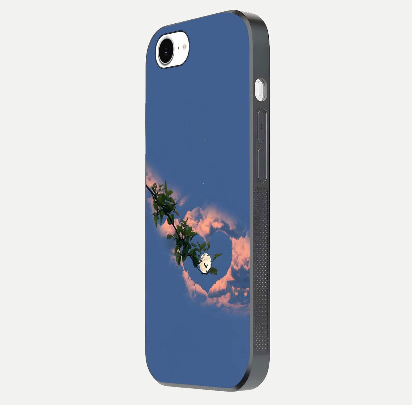 Sky Under Tree Glass Case for iPhone 16e side-angle image showing shine, edge texture, and scenic detail