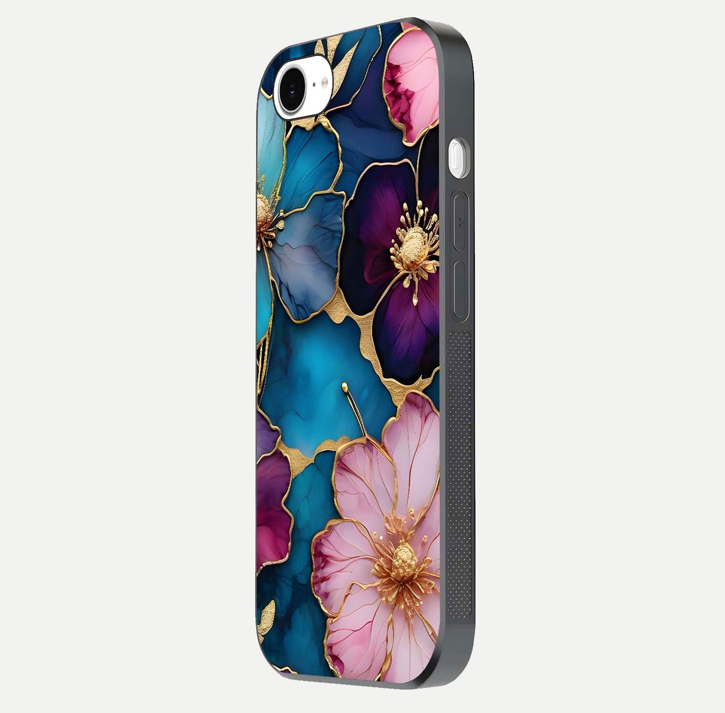 Sparkle Floral Glass Case for iPhone 16e side-angle image showing reflection, gloss, and floral texture