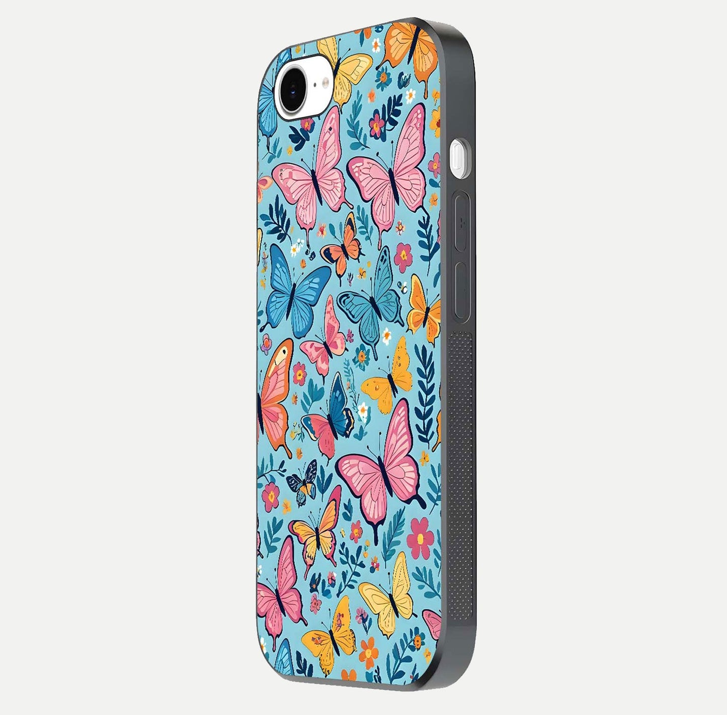 Spring Wing Garden Glass Case for iPhone 16e side-angle image showing shine, color, and pattern depth