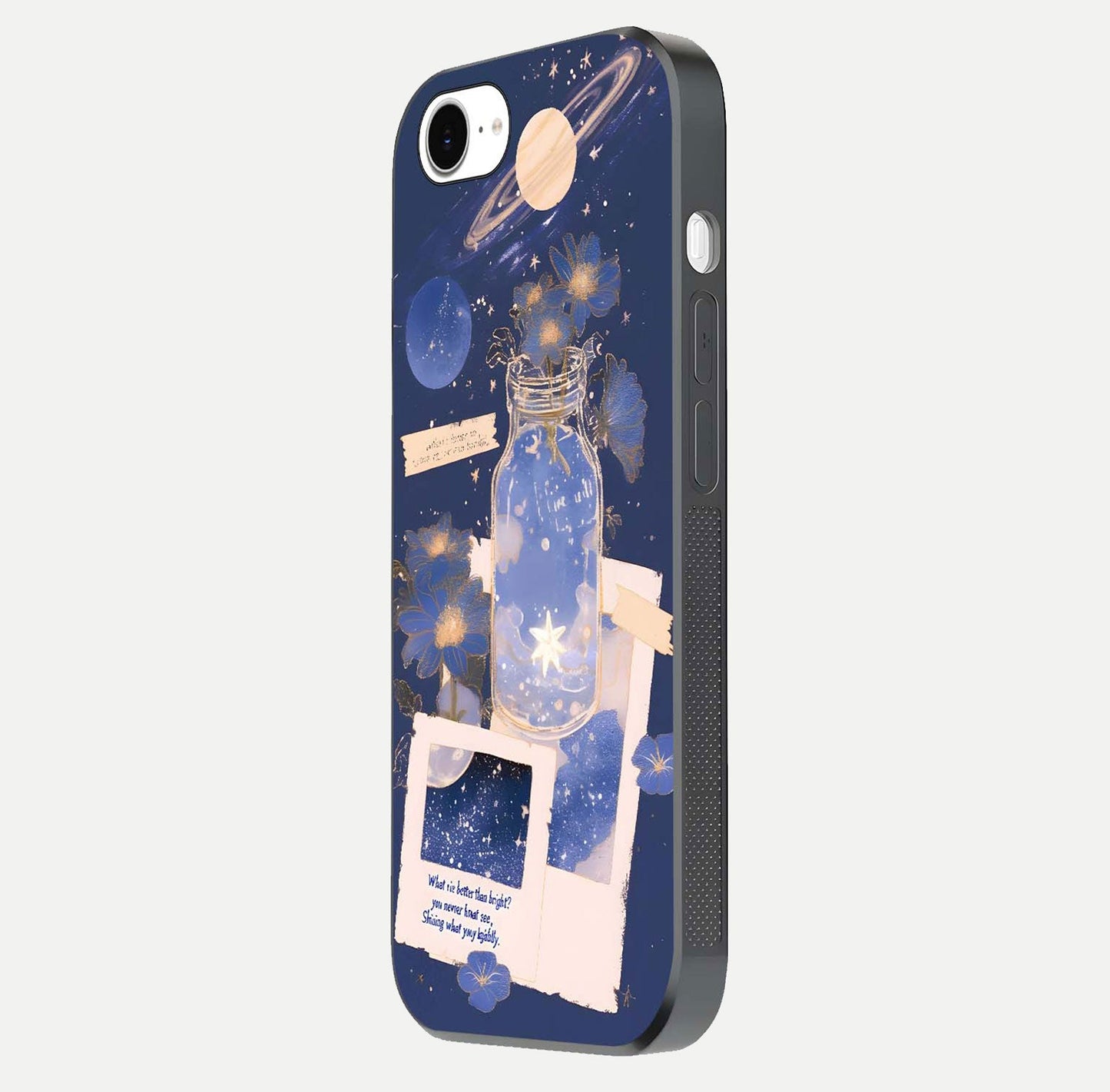 Starlit Cosmic Jar Glass Case for iPhone 16e side-angle image showing glow, texture, and light reflection