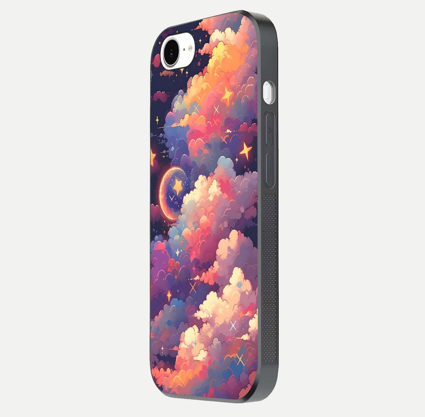 Starlit Dream Clouds Glass Case for iPhone 16e side-angle image showing shine, reflection, and dreamy tones