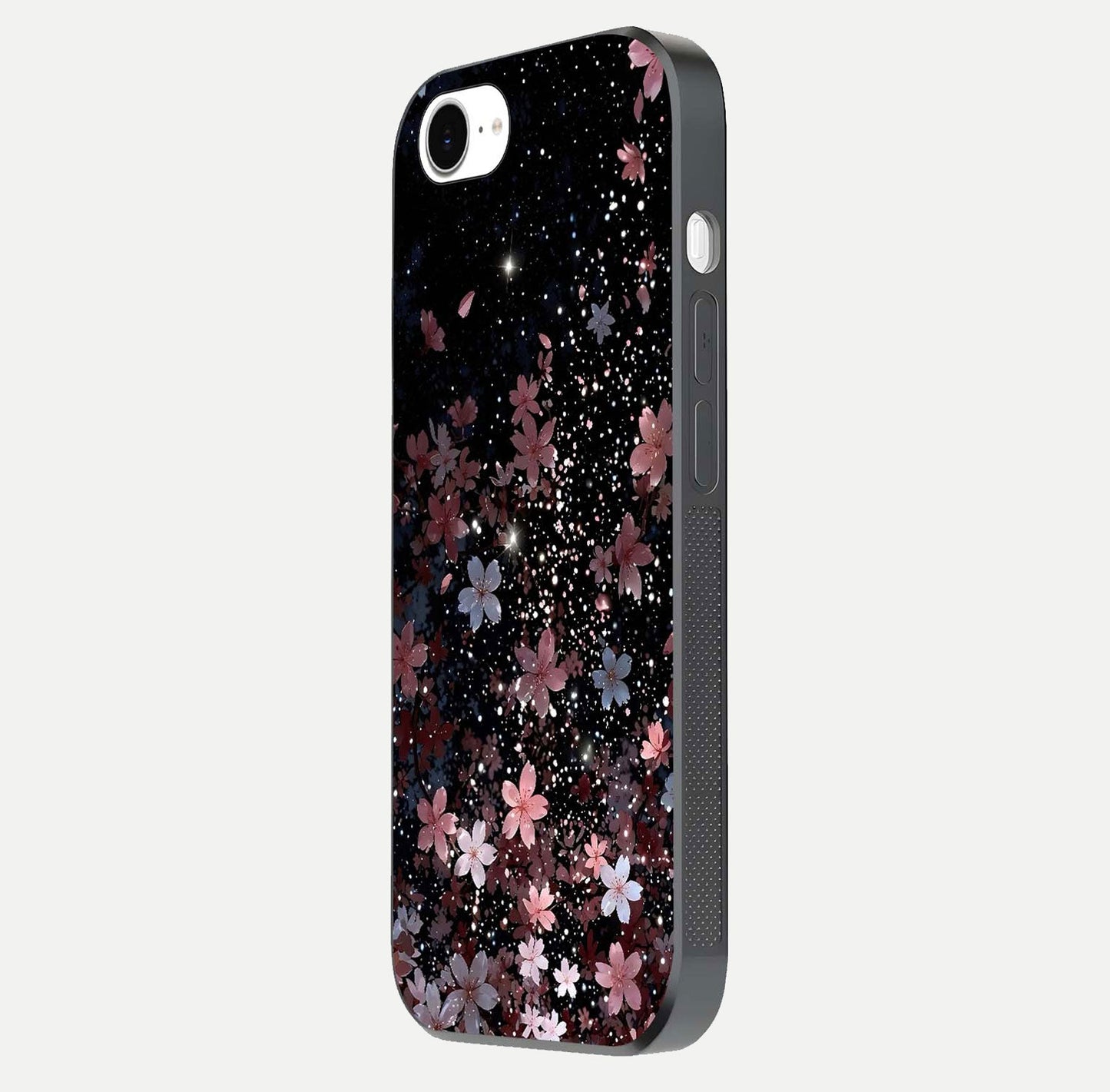 Starlit Flower Dreams Glass Case for iPhone 16e side-angle image showing shine, edge detail, and floral contrast