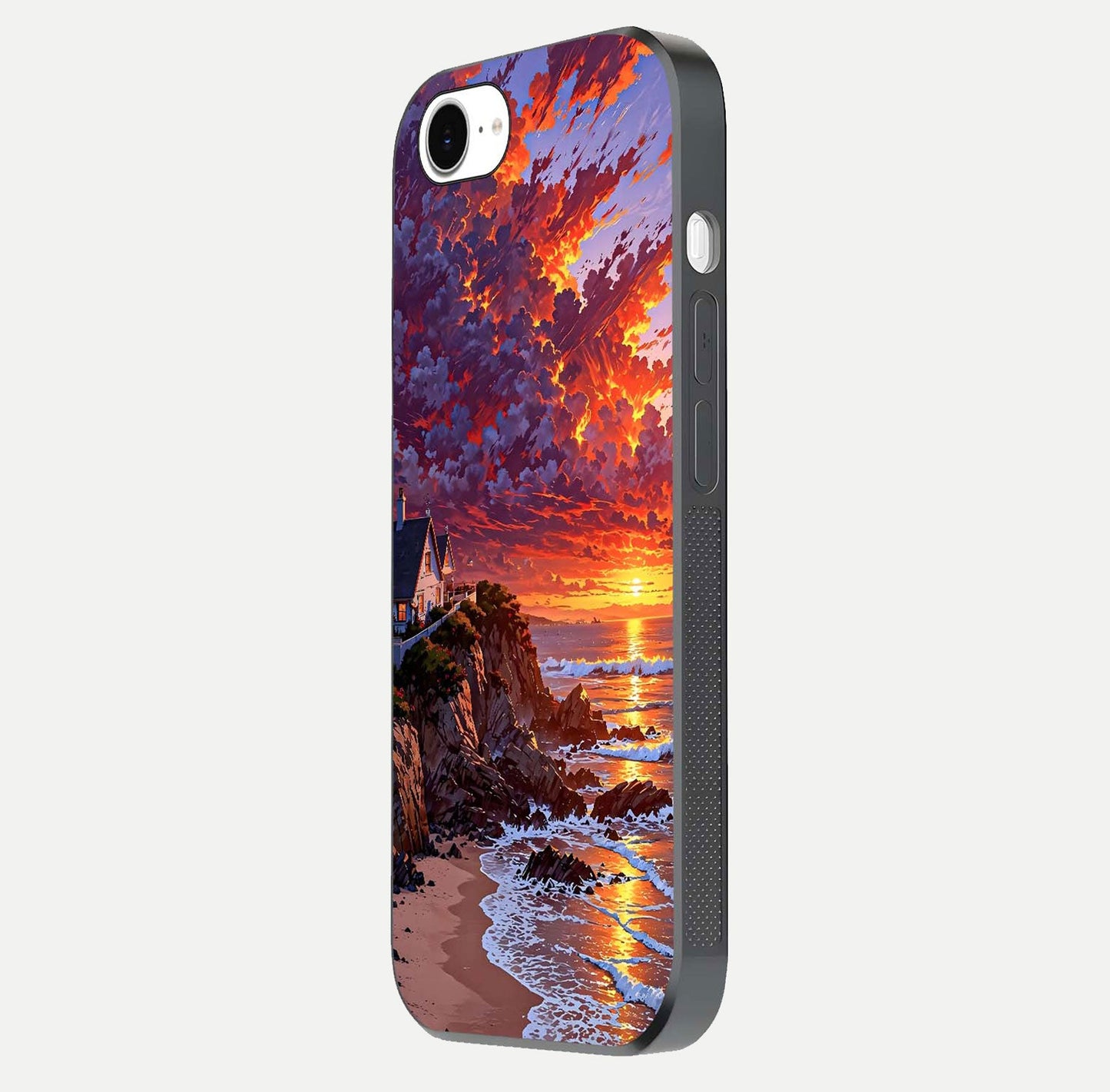Sunset House by Sea Glass Case for iPhone 16e side-angle image showing reflection and seaside color tone