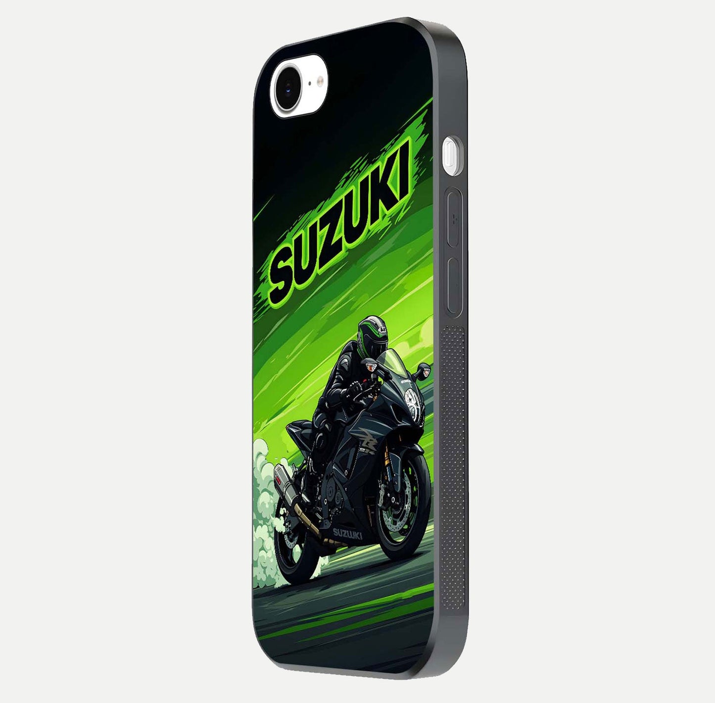 Suzuki Speed Beast Glass Case for iPhone 16e side-angle image showing reflection, gloss, and car detailing