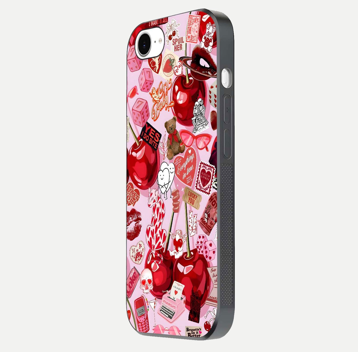 Sweet Cherry Chaos Glass Case for iPhone 16e side-angle image showing shine, gloss, and cherry details