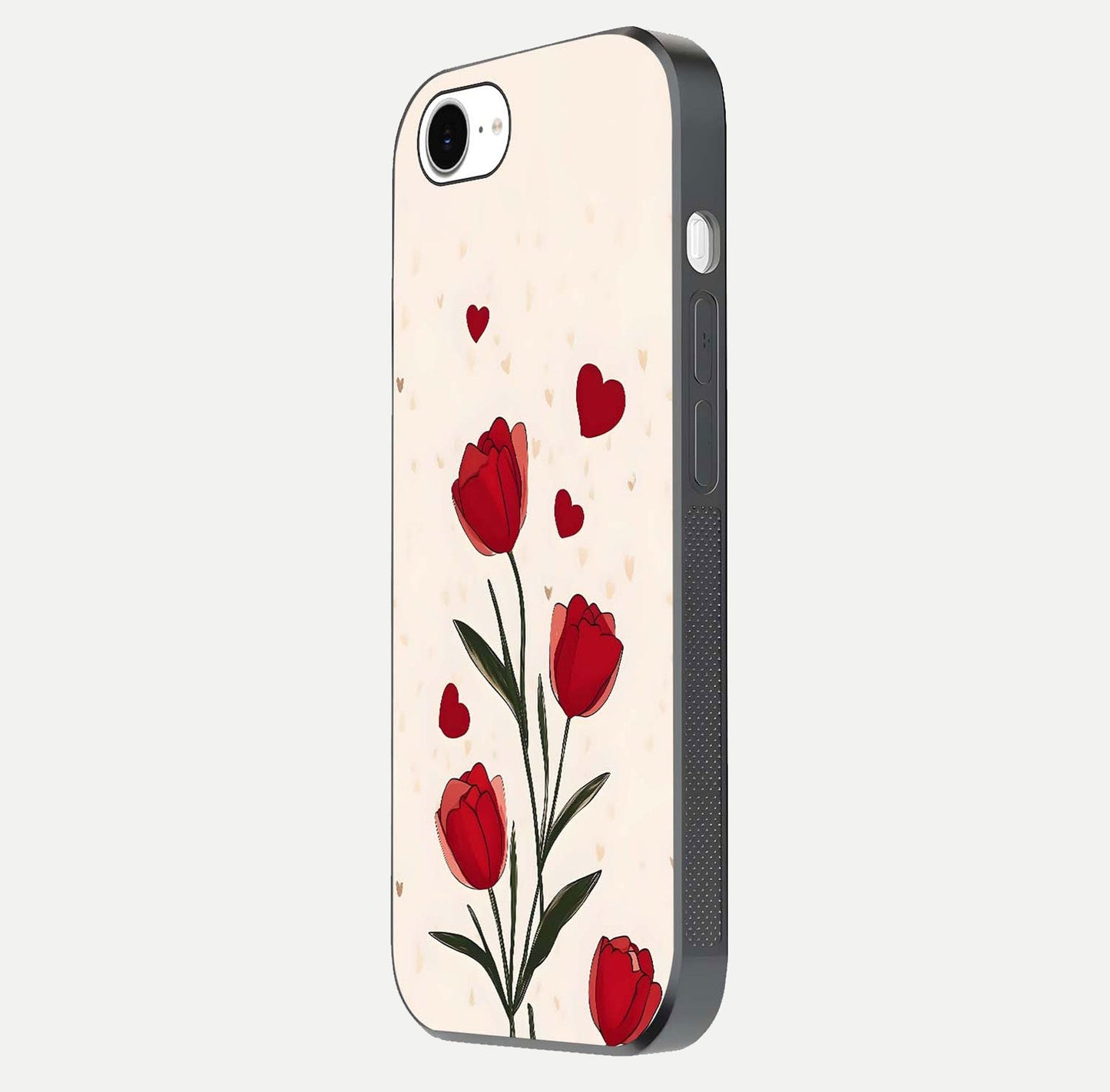 Tulip With Heart Glass Case for iPhone 16e side-angle image showing floral reflection and subtle gradient