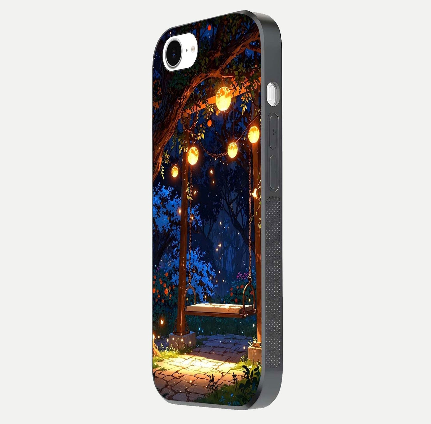 Twilight Garden Swing Glass Case for iPhone 16e side-angle image showing reflection, gloss, and scenic depth