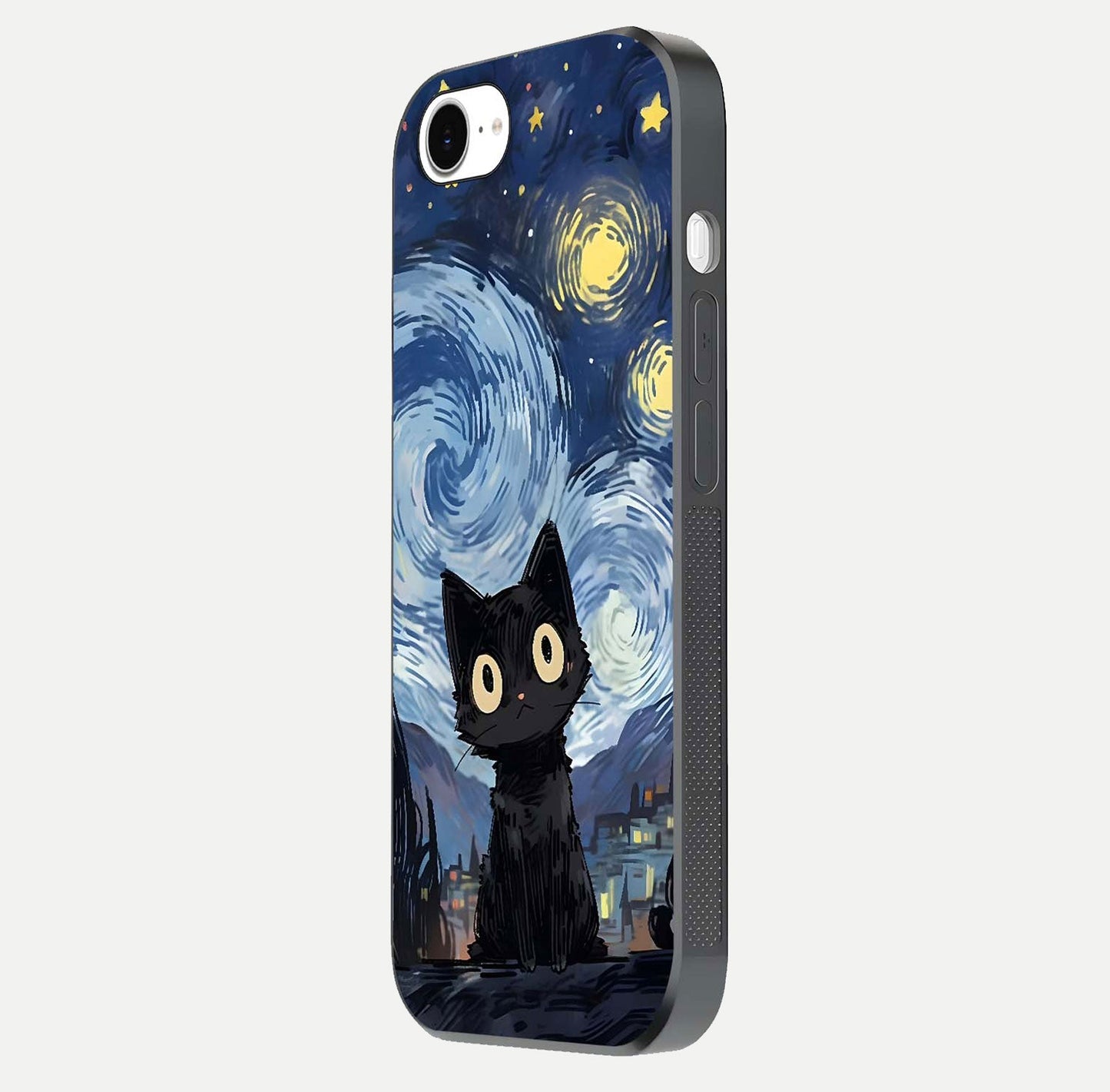Van Gogh Cat Glass Case for iPhone 16e side-angle image showing light reflection and vivid artwork