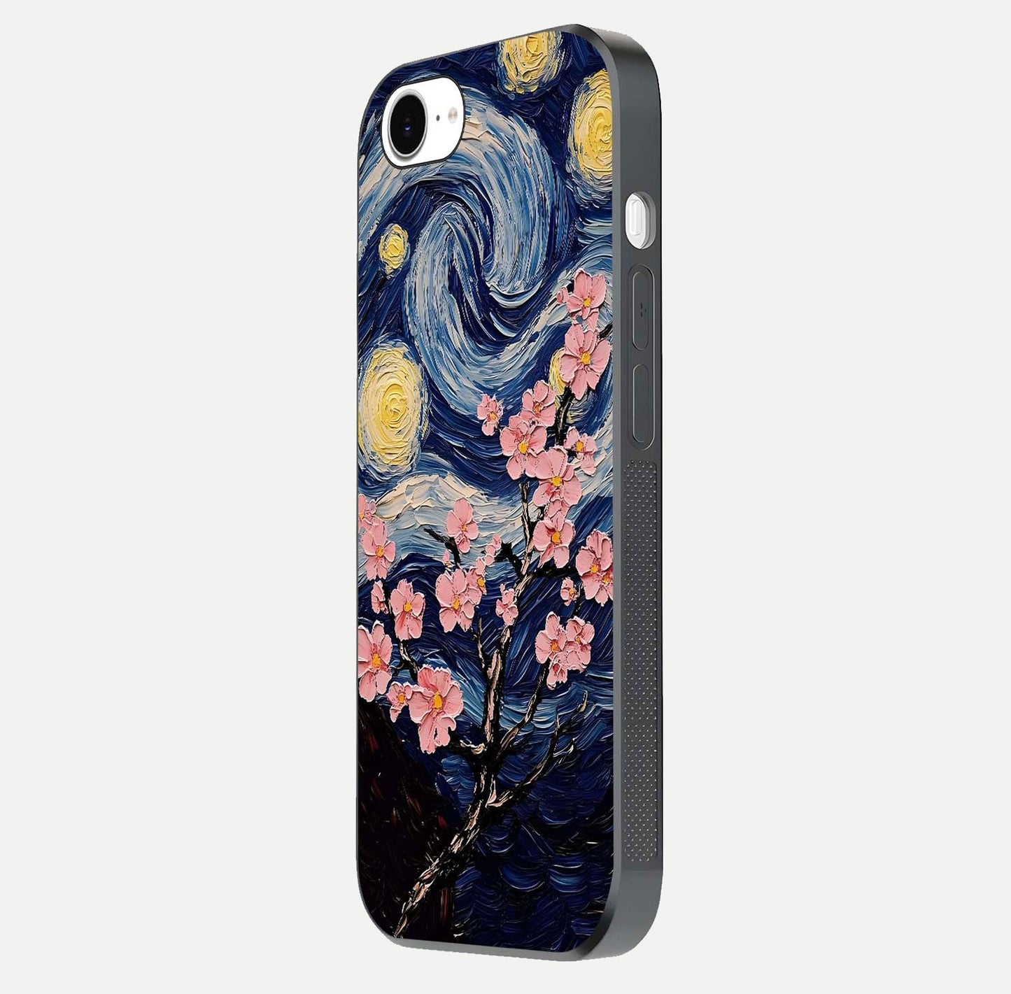 Van Gogh Scenery Glass Case for iPhone 16e side-angle image showing shine, gloss, and scenic color palette