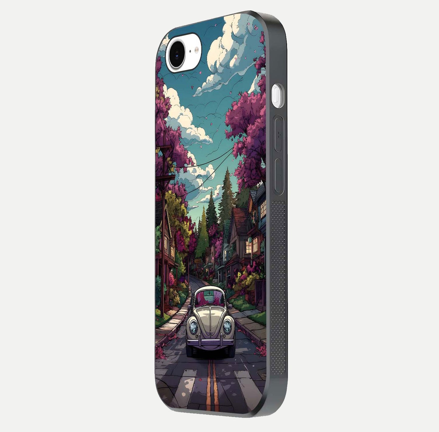 Vintage Street Drive Glass Case for iPhone 16e side-angle image showing gloss reflection and design detail