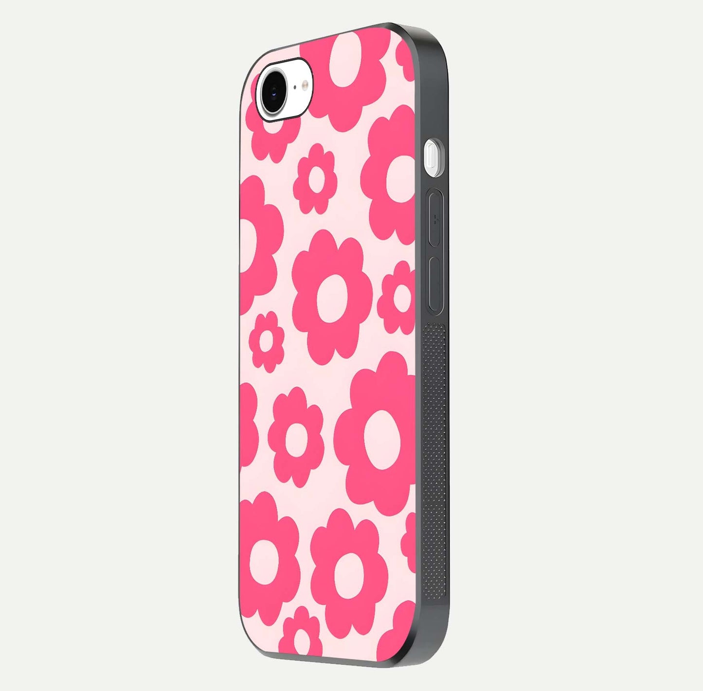 Blush Flower Pop iPhone 16e glass phone case side profile view focusing on clean edges and seamless floral wrap