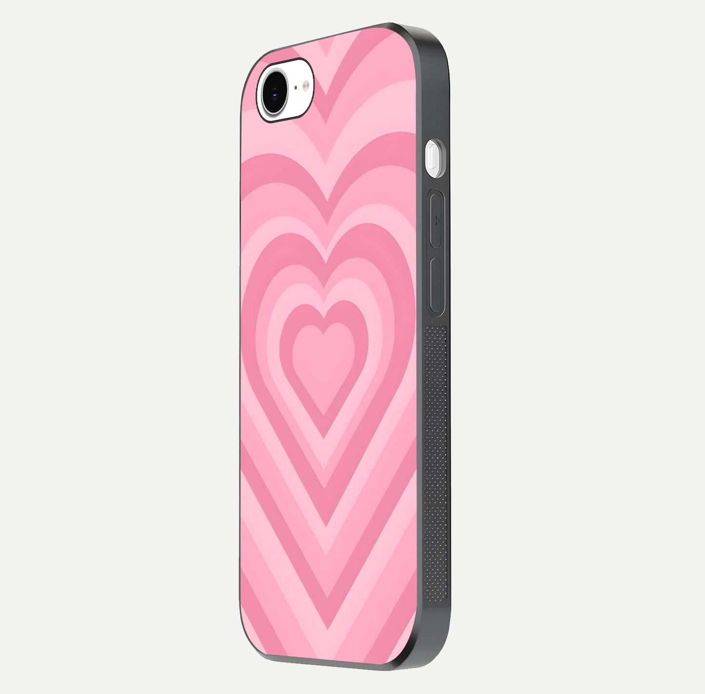 Blush Heart Waves iPhone 16e glass phone case side profile view focusing on smooth edges and elegant wrap